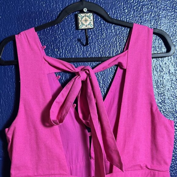 Lulus Blissful Afternoon Hot Pink Linen Tie-Back Midi Dress L Summer Lined - Picture 10 of 13